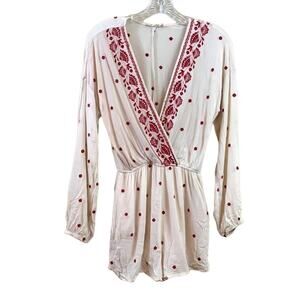 Chloe & Katie Boho Floral Cream/Red V-Neck Long Sleeve Romper